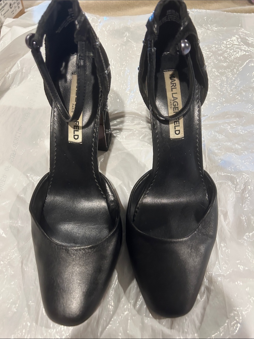 Karl Lagerfeld Black Leather Ankle-Strap Square-Toe Heels